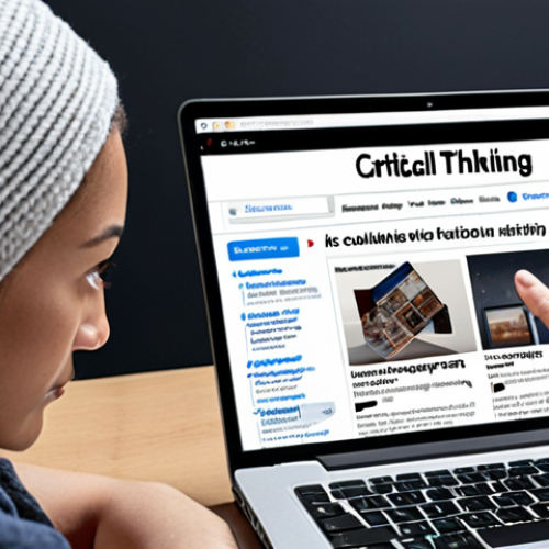 Home 15 **A person carefully evaluating information on a laptop, surrounded by various online sources (news articles, social media feeds). Focus on the critical thinking process, with visual cues suggesting source verification and fact-checking.** (Keywords: critical thinking, information evaluation, digital literacy, online sources, fact-checking)