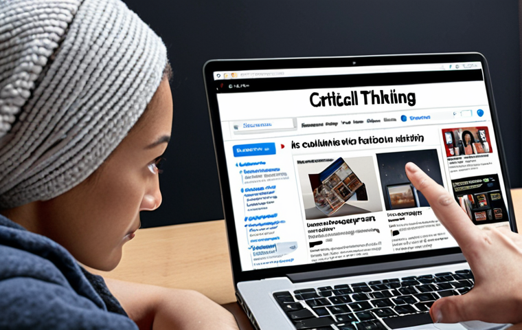 **A person carefully evaluating information on a laptop, surrounded by various online sources (news articles, social media feeds). Focus on the critical thinking process, with visual cues suggesting source verification and fact-checking.** (Keywords: critical thinking, information evaluation, digital literacy, online sources, fact-checking)