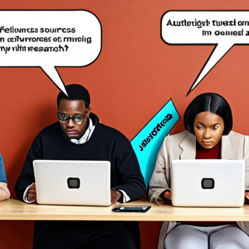 Home 8 **
Prompt: *A diverse group of people critically evaluating digital content on laptops and smartphones, highlighting sources and verifying information. Include visual elements representing trusted sources like universities and research institutions. Emphasize the importance of fact-checking and questioning information with speech bubbles containing question marks and magnifying glasses.*
**