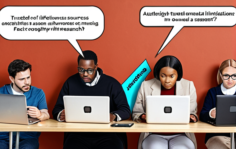 **

Prompt: *A diverse group of people critically evaluating digital content on laptops and smartphones, highlighting sources and verifying information. Include visual elements representing trusted sources like universities and research institutions. Emphasize the importance of fact-checking and questioning information with speech bubbles containing question marks and magnifying glasses.*

**